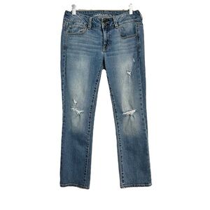 American Eagle Artist Crop Jeans Size 8 Stretch Distressed Mid Rise Blue Denim